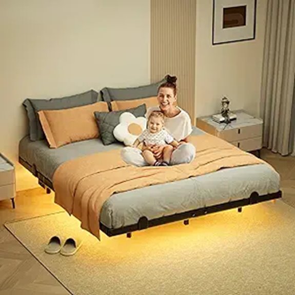Floating Queen Bed Frame with LED Lights and Charging